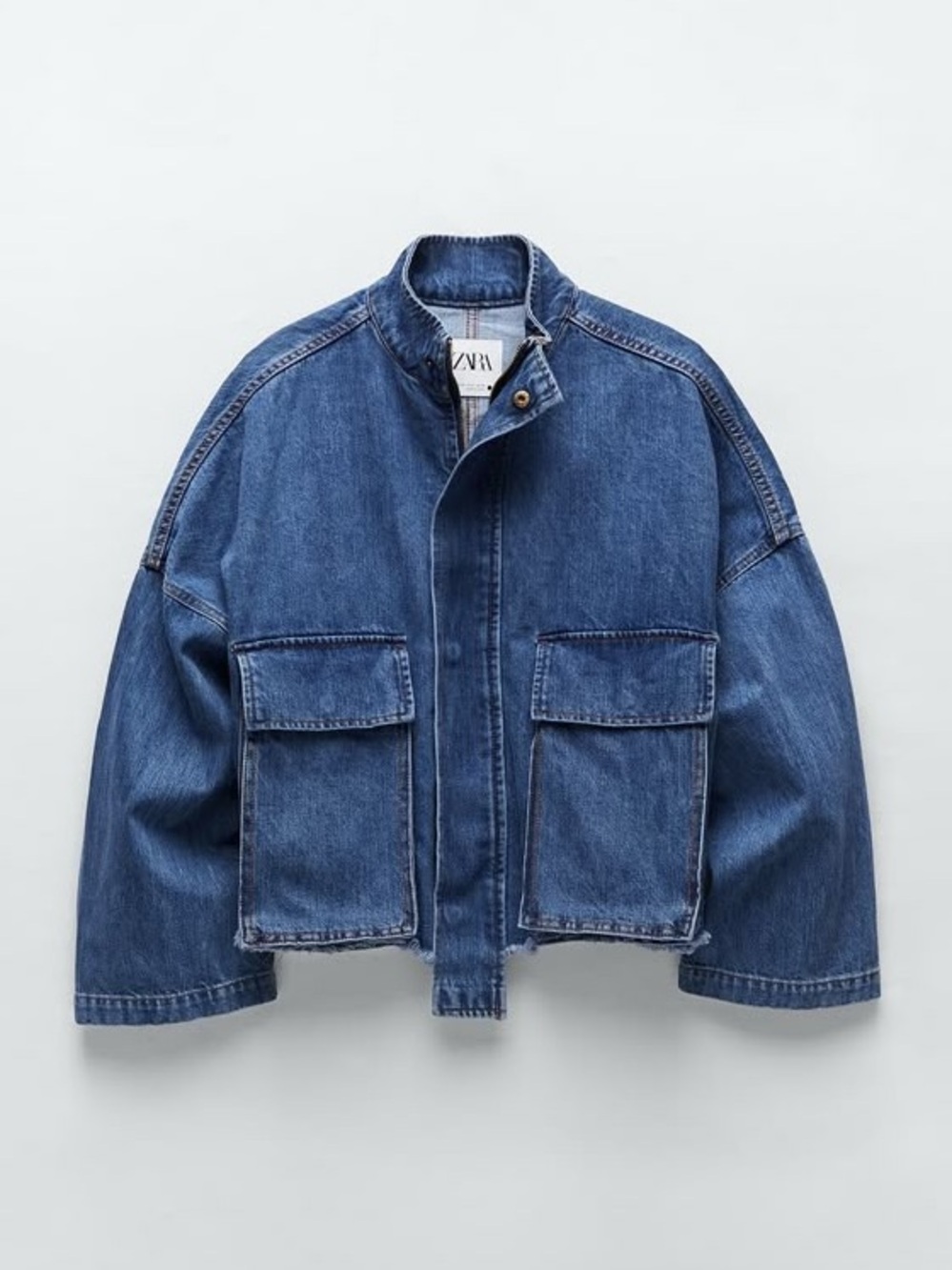 Zara Medium Blue Cropped Denim Jacket with Patch Pockets Oversized Size Small